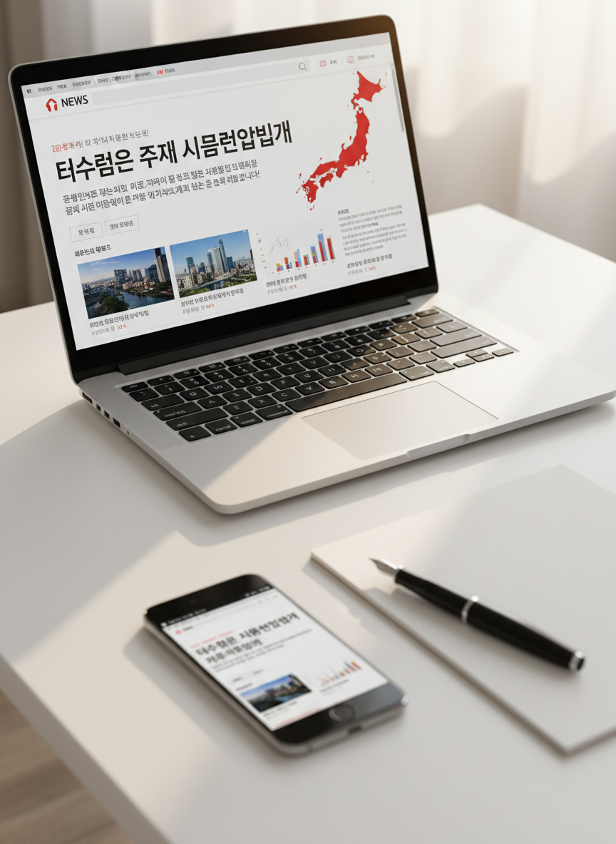 A highly detailed, close-up view of a slim, silver laptop on a clean white desk, its screen filled with a Korean-language news site focused on Japan: bold article titles, a small map of Japan highlighted in red, and neatly arranged thumbnail images of cities and graphs. Beside it, a black fountain pen, a crisp notepad, and a smartphone showing matching headlines complete the scene. Soft morning daylight from an unseen window washes across the desk, creating gentle reflections on the devices. Photographic realism, shot from a slightly elevated angle with shallow depth of field, conveying a precise, professional mood ideal for a Japanese daily news summary brand.