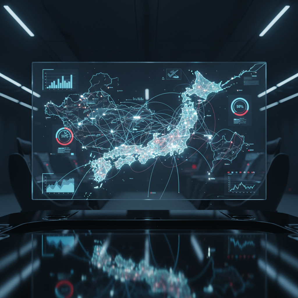 A large, high-resolution digital map of Japan displayed on a floating glass panel in a dark, minimalist control-room style environment. Major cities glow with small white light points, and thin lines connect regions like data pathways. Transparent infographic overlays show tiny bar charts and percentage circles in cool blues and subtle reds. The scene is illuminated by dim ambient lighting and the soft, internal glow of the holographic-style display, casting faint reflections on a glossy black surface below. Photographic realism with cinematic, slightly low-angle composition, emphasizing depth and precision, evoking a sense of real-time analysis of Japanese events and trends.