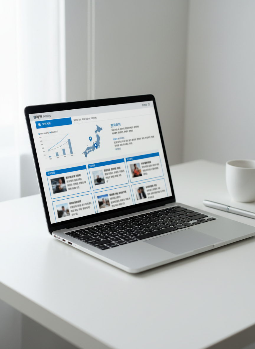 A clean, high-resolution close-up of a slim silver laptop on a white desk, showing a Korean-language Japanese news dashboard with blue accent colors, simple charts, a small map of Japan, and rectangular news cards. All text on the laptop screen is either completely illegible or softly blurred so individual characters cannot be read, but the layout clearly feels like a modern news site. The overall color palette is cool blues, white, and light gray, matching a professional Japanese news summary brand. Soft daylight, minimal props, tidy and professional composition, photographic realism.