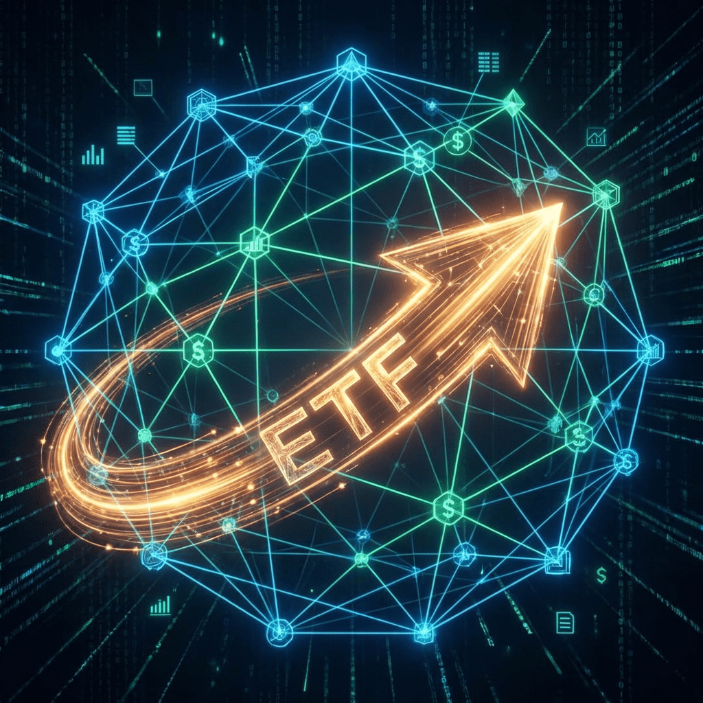 현재 이미지: A glowing upward arrow labeled ETF within a blue digital network of financial icons.