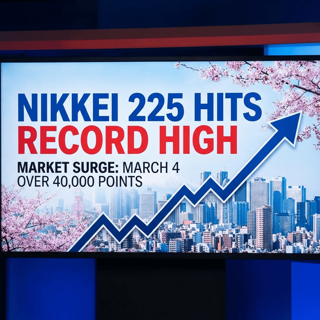 NIKKEI 225 HITS RECORD HIGH. MARKET SURGE: MARCH 4 OVER 40,000 POINTS. Upward trending arrow.