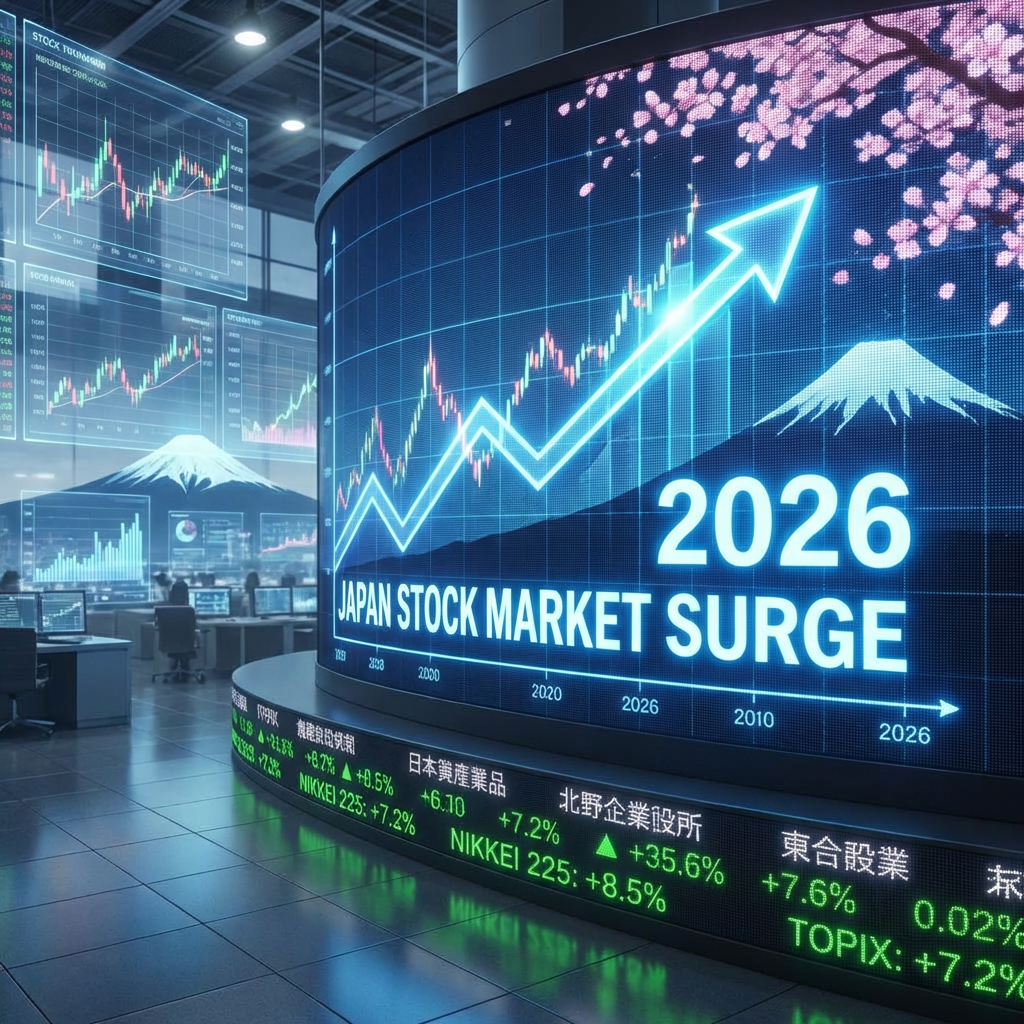 Digital display showing 2026 JAPAN STOCK MARKET SURGE with rising graphs and financial data.