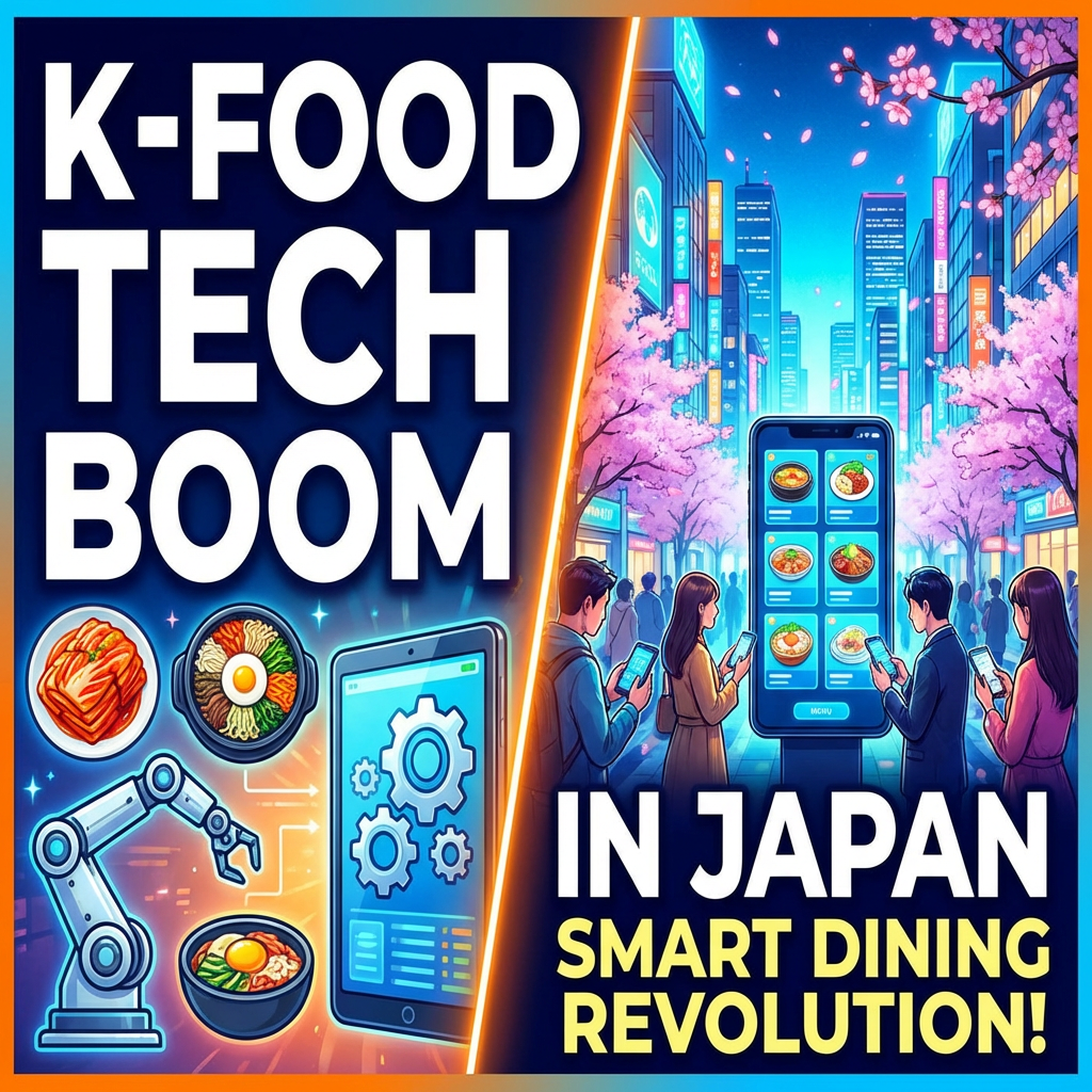 "K-FOOD TECH BOOM IN JAPAN SMART DINING REVOLUTION!" graphic showing food robotics and digital dining menus.