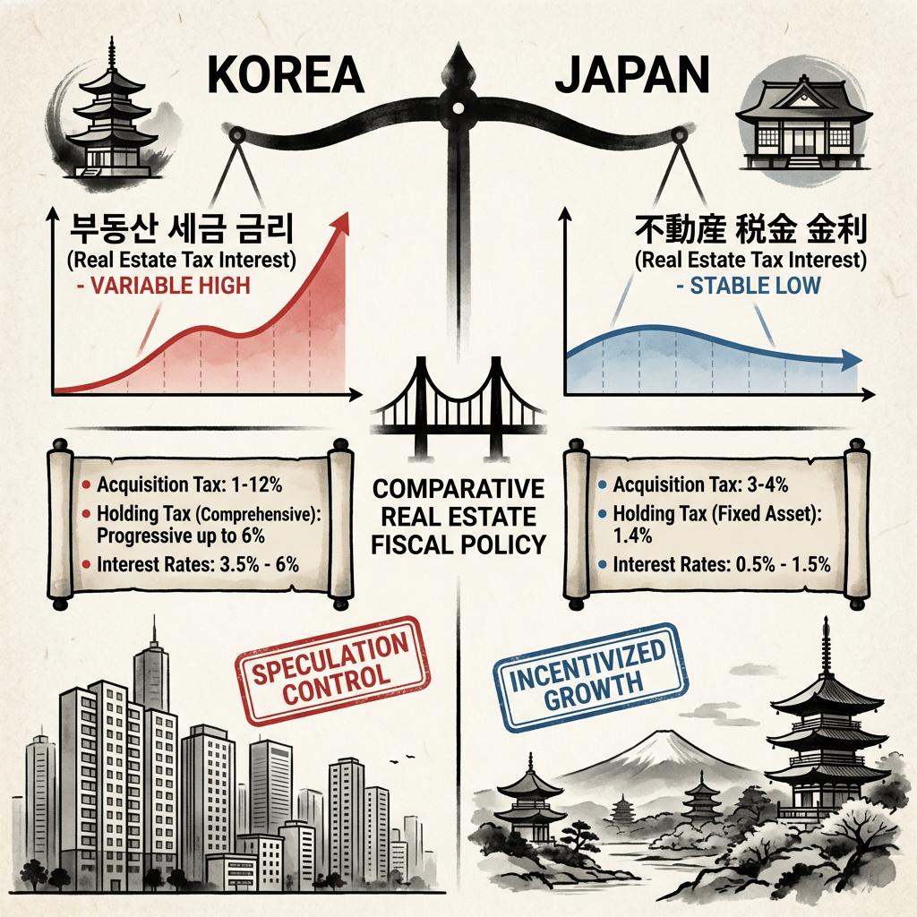 Comparative Real Estate Fiscal Policy. KOREA: VARIABLE HIGH (부동산 세금 금리), Acquisition 1-12%, Holding up to 6%, Interest 3.5-6%, SPECULATION CONTROL. JAPAN: STABLE LOW (不動産 税金 金利), Acquisition 3-4%, Holding 1.4%, Interest 0.5-1.5%, INCENTIVIZED GROWTH.